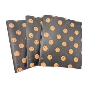 Three Flexible 3-Ring Binders Black w/Gold Smily Faces NEVER USED
